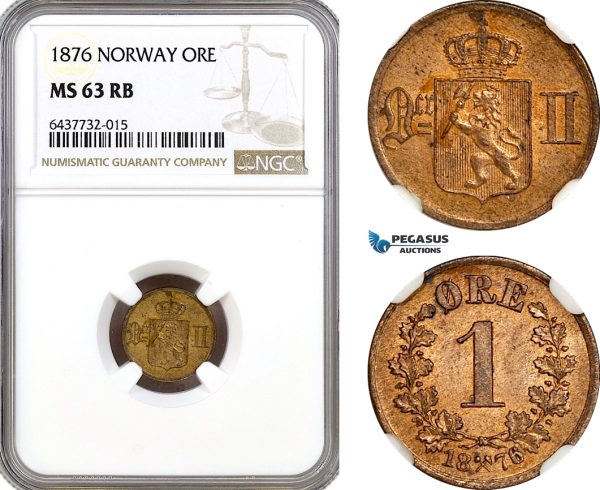AH94, Norway, Oscar II, 1 Ore 1876, Kongsberg Mint, NGC MS63RB