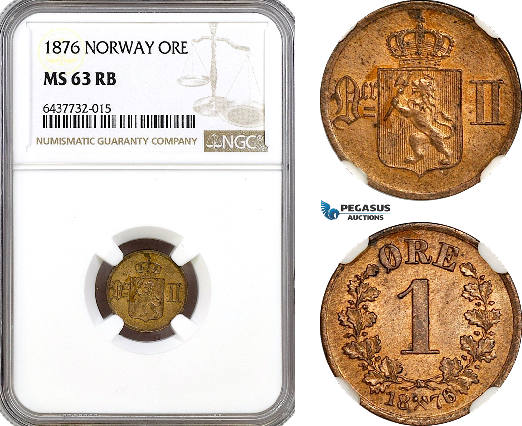 AH94, Norway, Oscar II, 1 Ore 1876, Kongsberg Mint, NGC MS63RB