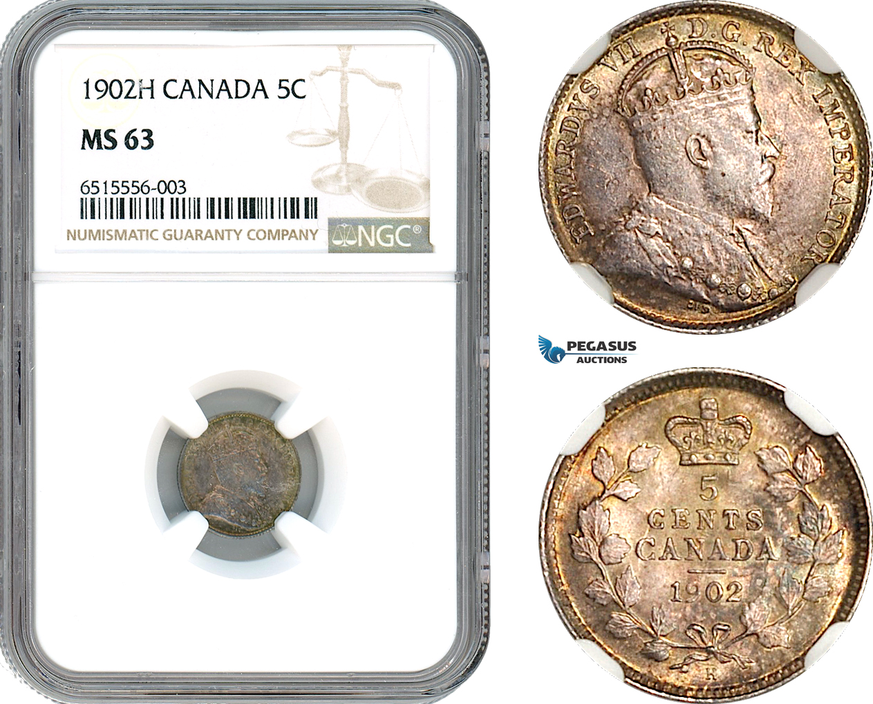 AH942, Canada, Edward VII, 5 Cents 1902 H, Heaton Mint, Silver, NGC MS63