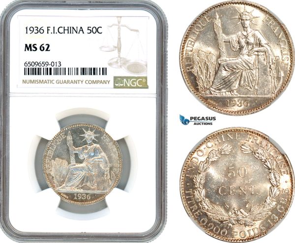 AH954, French Indo-China, 50 Centimes 1936, Paris Mint, Silver, NGC MS62