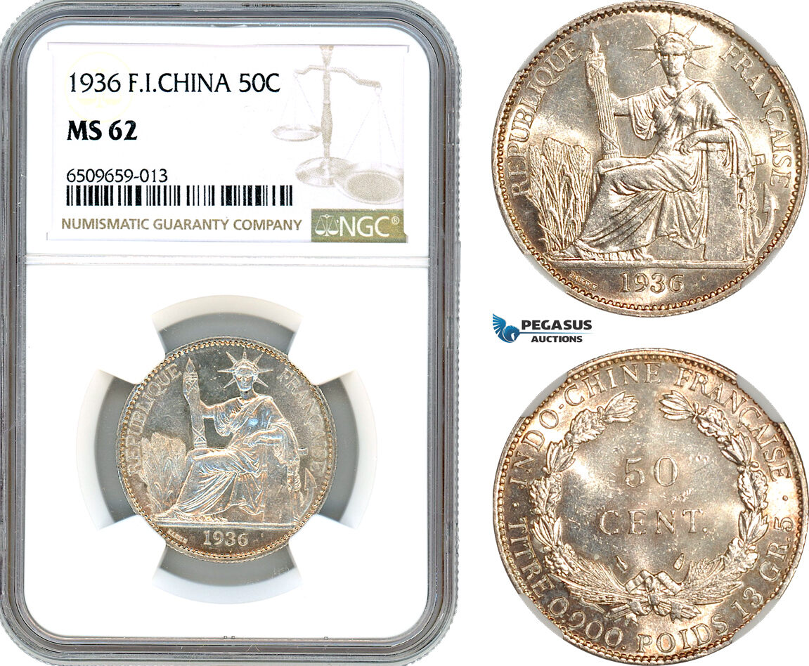 AH954, French Indo-China, 50 Centimes 1936, Paris Mint, Silver, NGC MS62