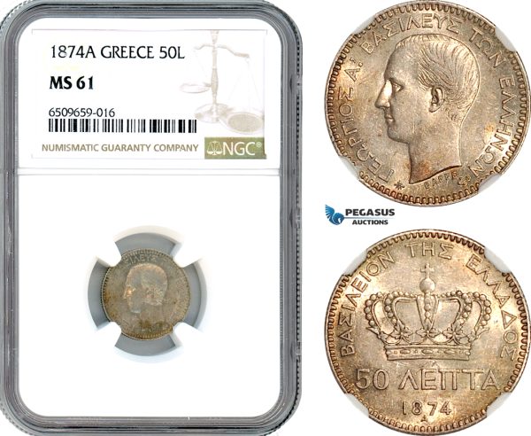 AH961, Greece, George I, 50 Lepta 1874 A, Paris Mint, Silver, NGC MS61