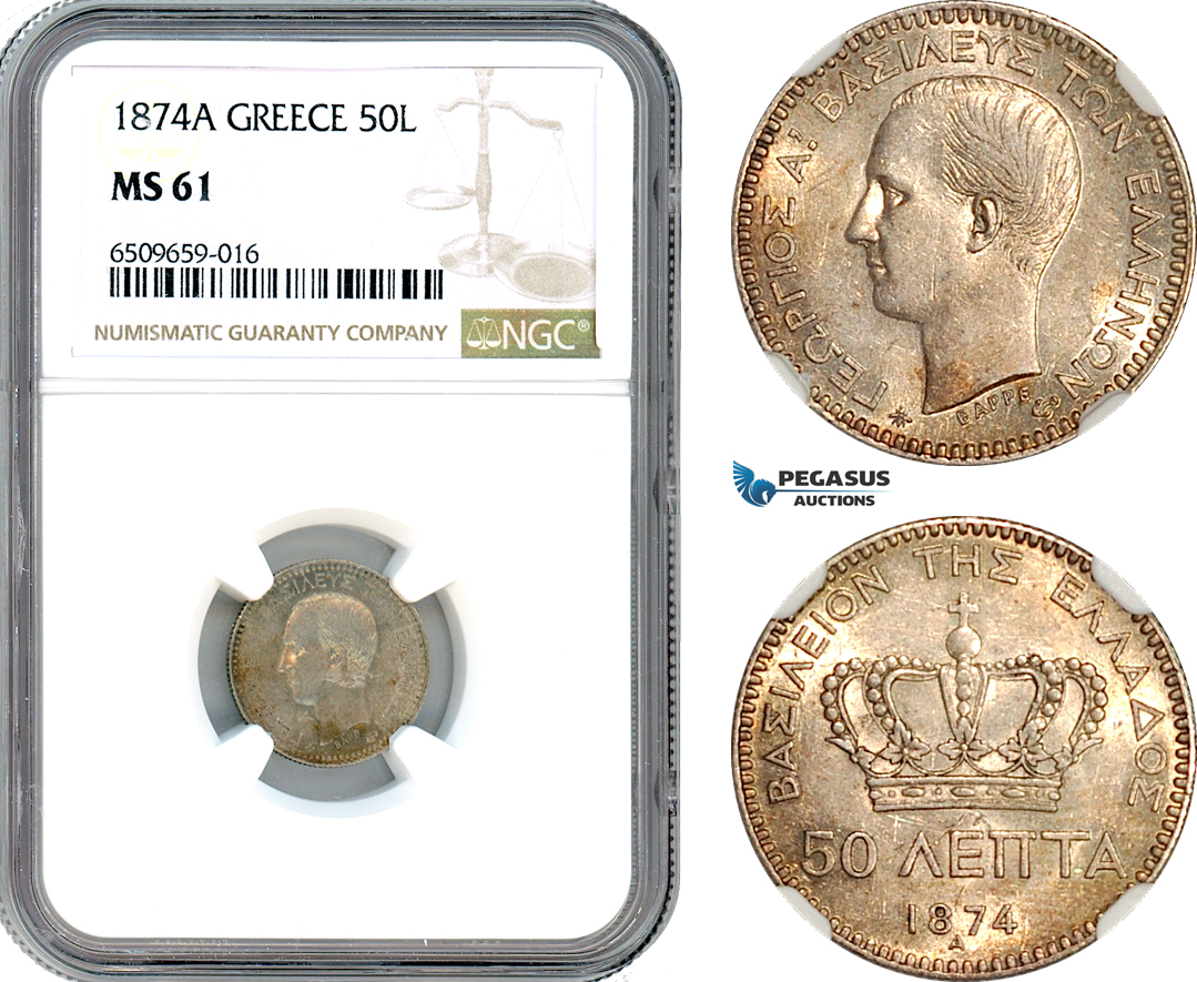 AH961, Greece, George I, 50 Lepta 1874 A, Paris Mint, Silver, NGC MS61
