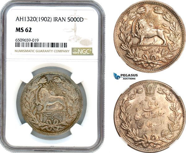 AH967, Iran, Muzaffar al-Din Shah, 5000 Dinars AH1320 (1902) Silver, NGC MS62