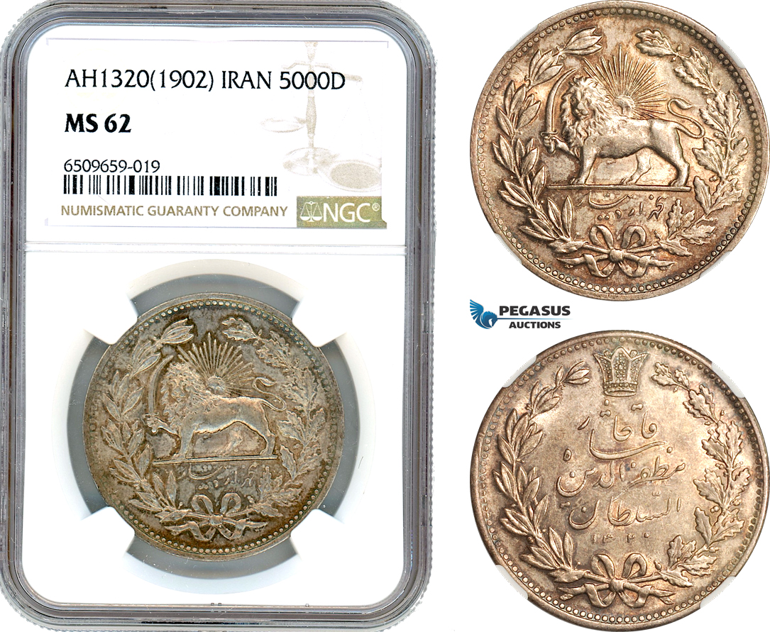 AH967, Iran, Muzaffar al-Din Shah, 5000 Dinars AH1320 (1902) Silver, NGC MS62