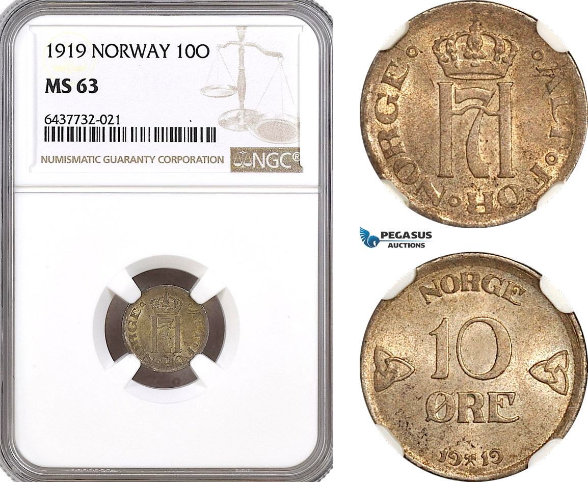 AH97, Norway, Christian X, 10 Ore 1919, Kongsberg Mint, Billon, NGC MS63