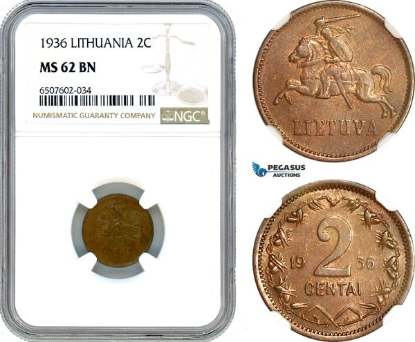 AH970, Lithuania, 2 Centai 1936, NGC MS62BN