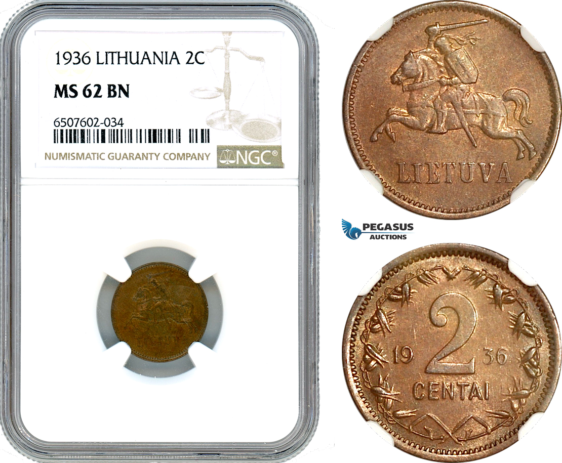 AH970, Lithuania, 2 Centai 1936, NGC MS62BN