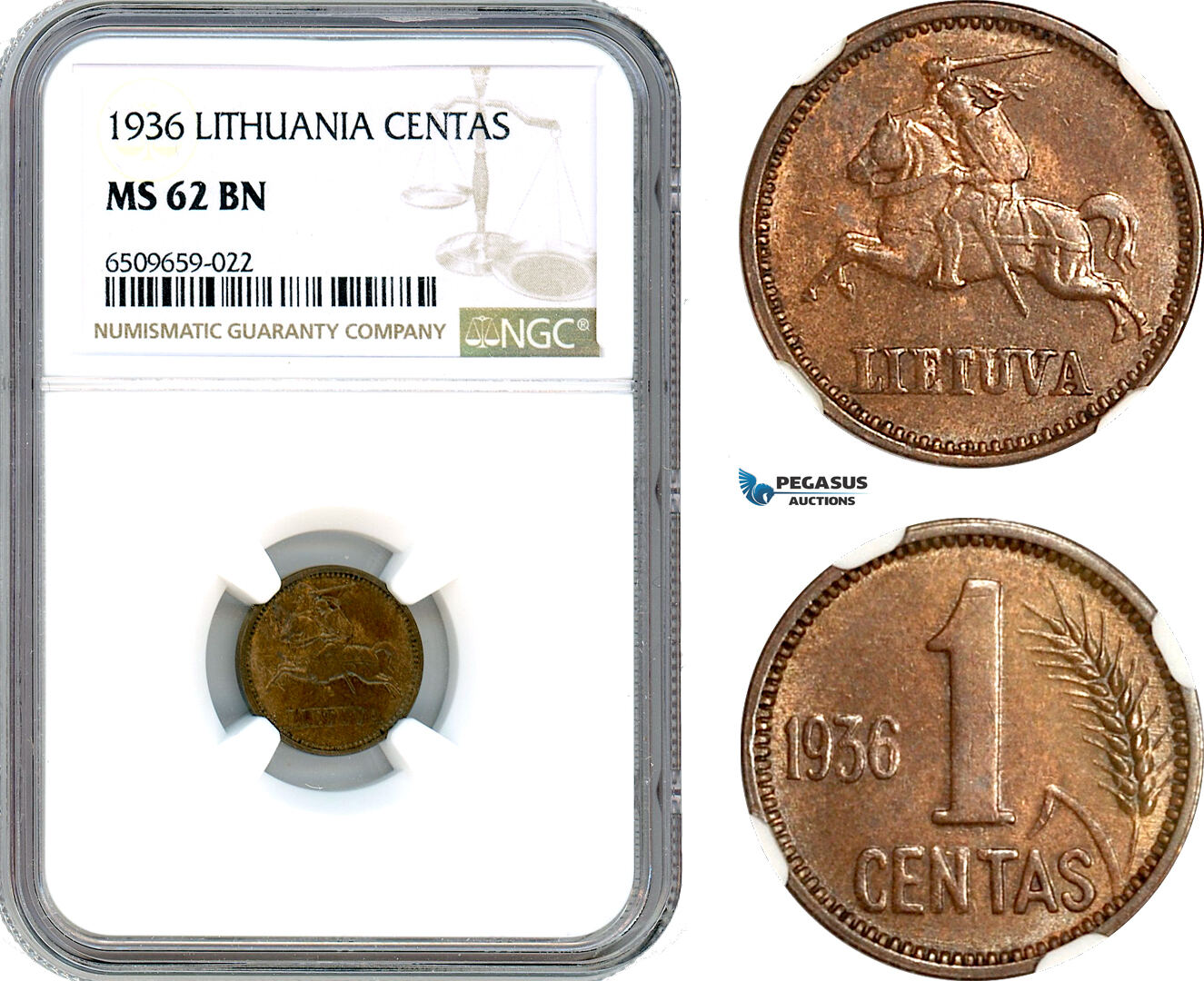 AH971, Lithuania, 1 Centas 1936, NGC MS62BN