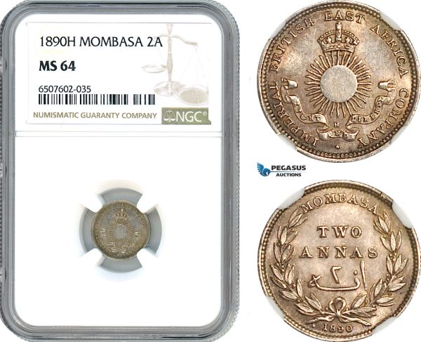 AH972, Mombasa, 2 Annas 1890 H, Heaton Mint, Silver, NGC MS64