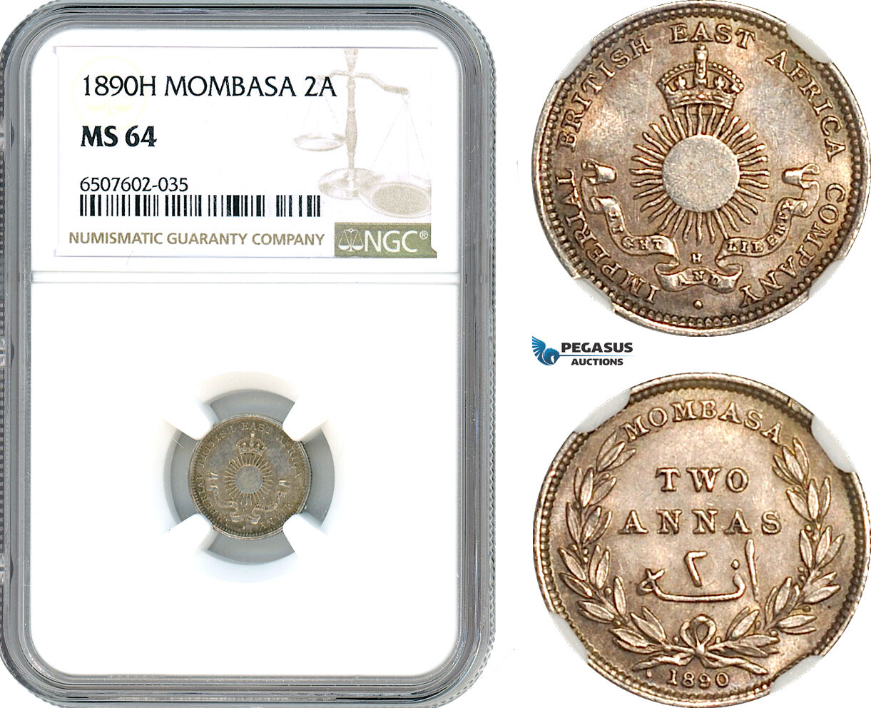AH972, Mombasa, 2 Annas 1890 H, Heaton Mint, Silver, NGC MS64