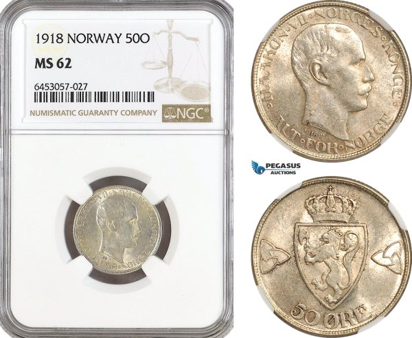 AH99, Norway, Haakon VII, 50 Ore 1918, Kongsberg Mint, Silver, NGC MS62