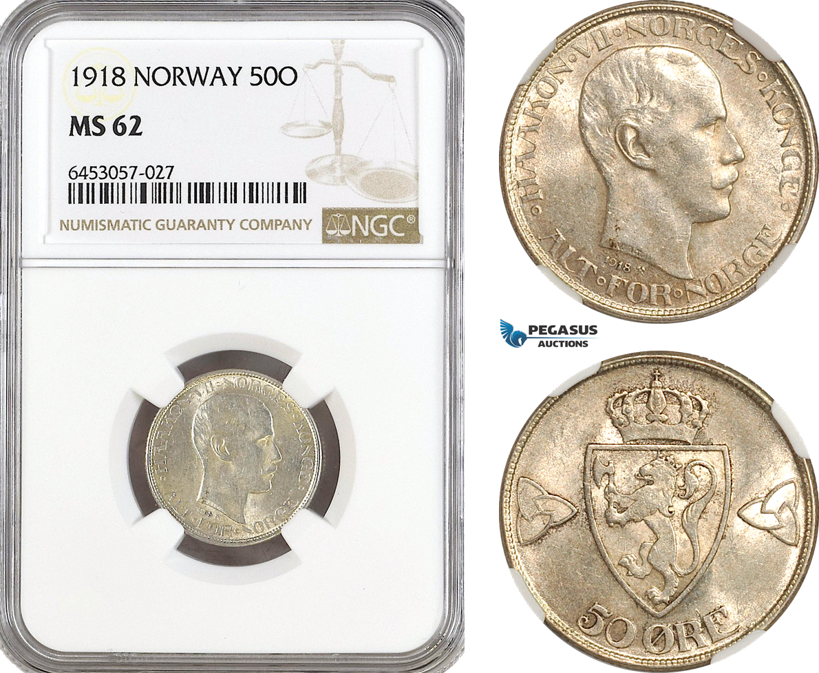 AH99, Norway, Haakon VII, 50 Ore 1918, Kongsberg Mint, Silver, NGC MS62