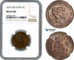 AI002, Spain, Alfonso XII, 5 Centimos 1877 OM, Barcelona Mint, NGC MS62BN