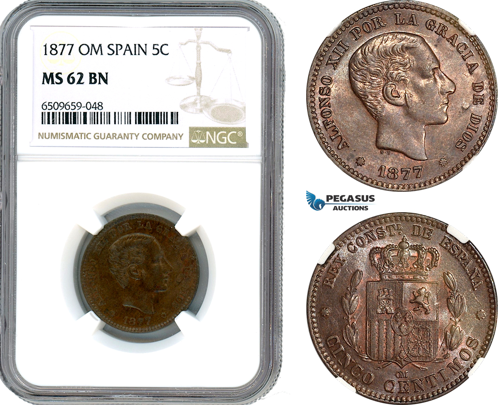 AI002, Spain, Alfonso XII, 5 Centimos 1877 OM, Barcelona Mint, NGC MS62BN