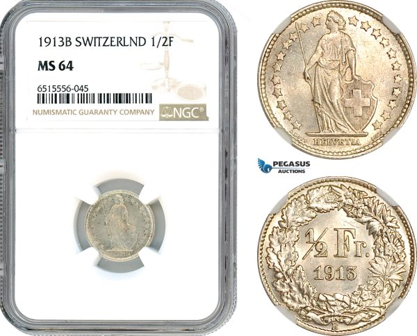 AI010, Switzerland 1/2 Franc 1913 B, Bern Mint, Silver, NGC MS64