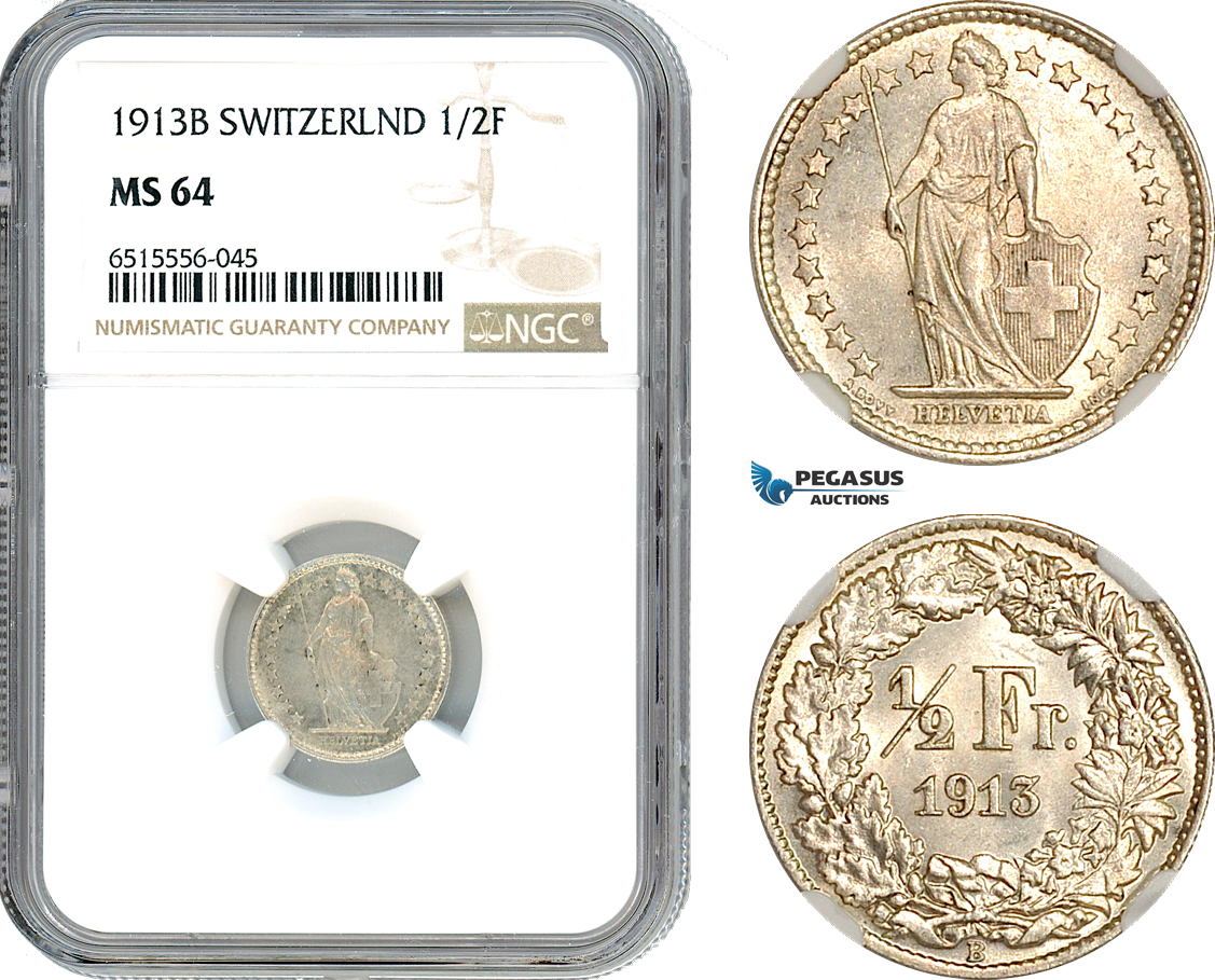 AI010, Switzerland 1/2 Franc 1913 B, Bern Mint, Silver, NGC MS64