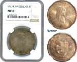 AI011, Switzerland 5 Francs 1923 B, Bern Mint, Silver, NGC AU58