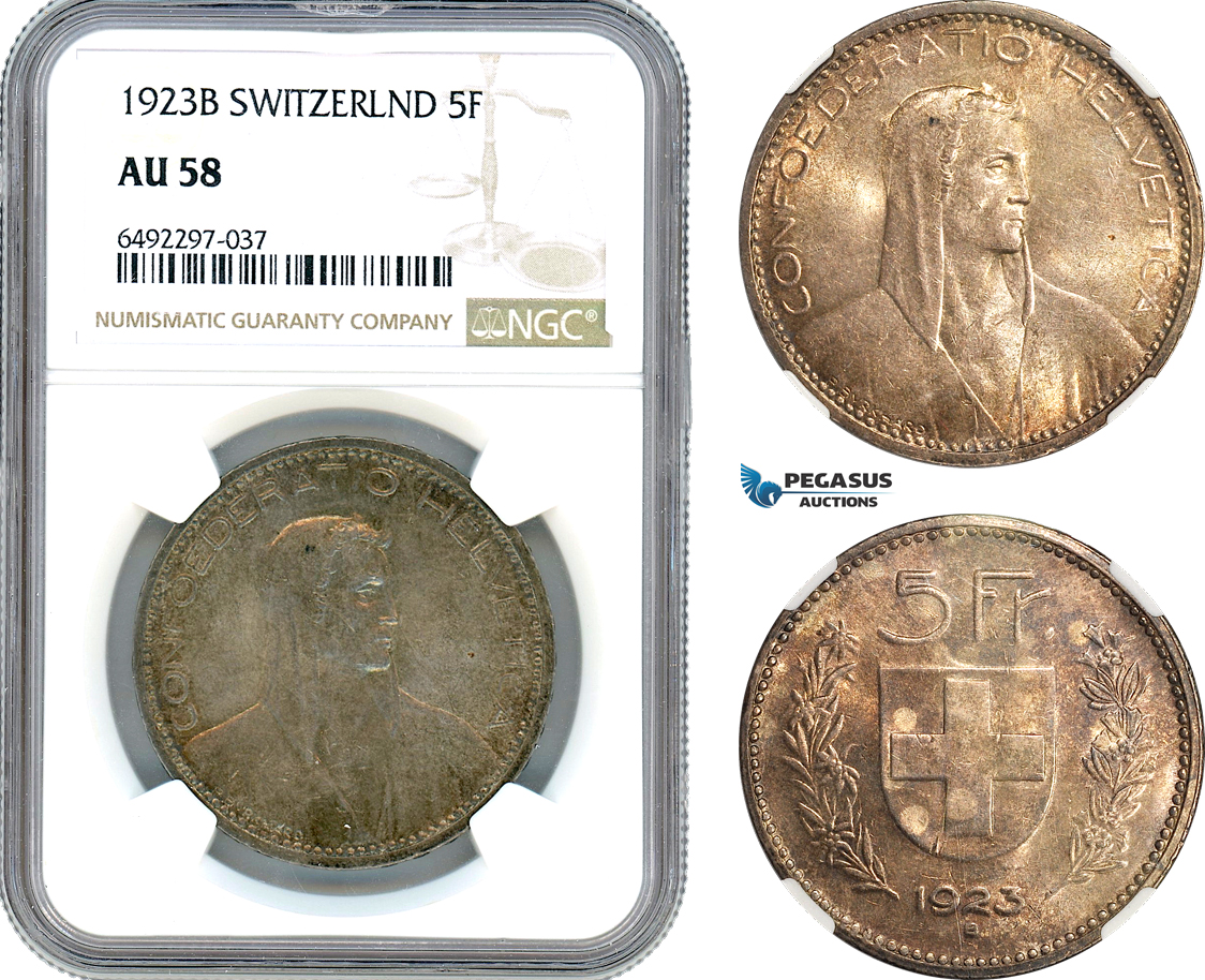 AI011, Switzerland 5 Francs 1923 B, Bern Mint, Silver, NGC AU58