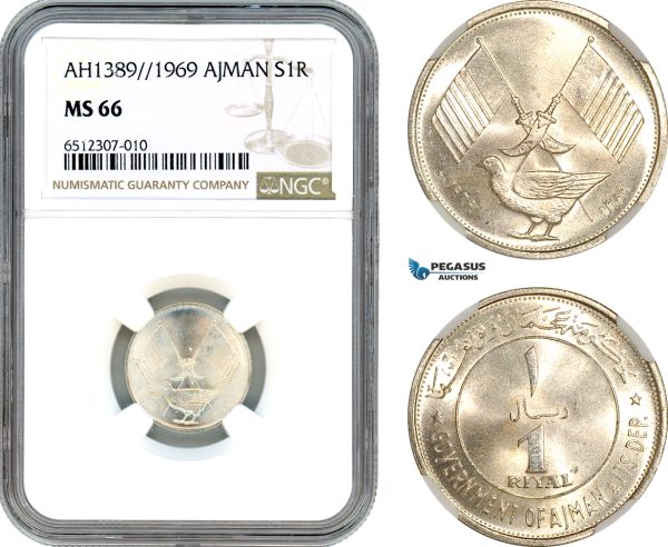 AI017, United Arab Emirates, Ajman, 1 Riyal AH1389 // 1969, Silver, NGC MS66