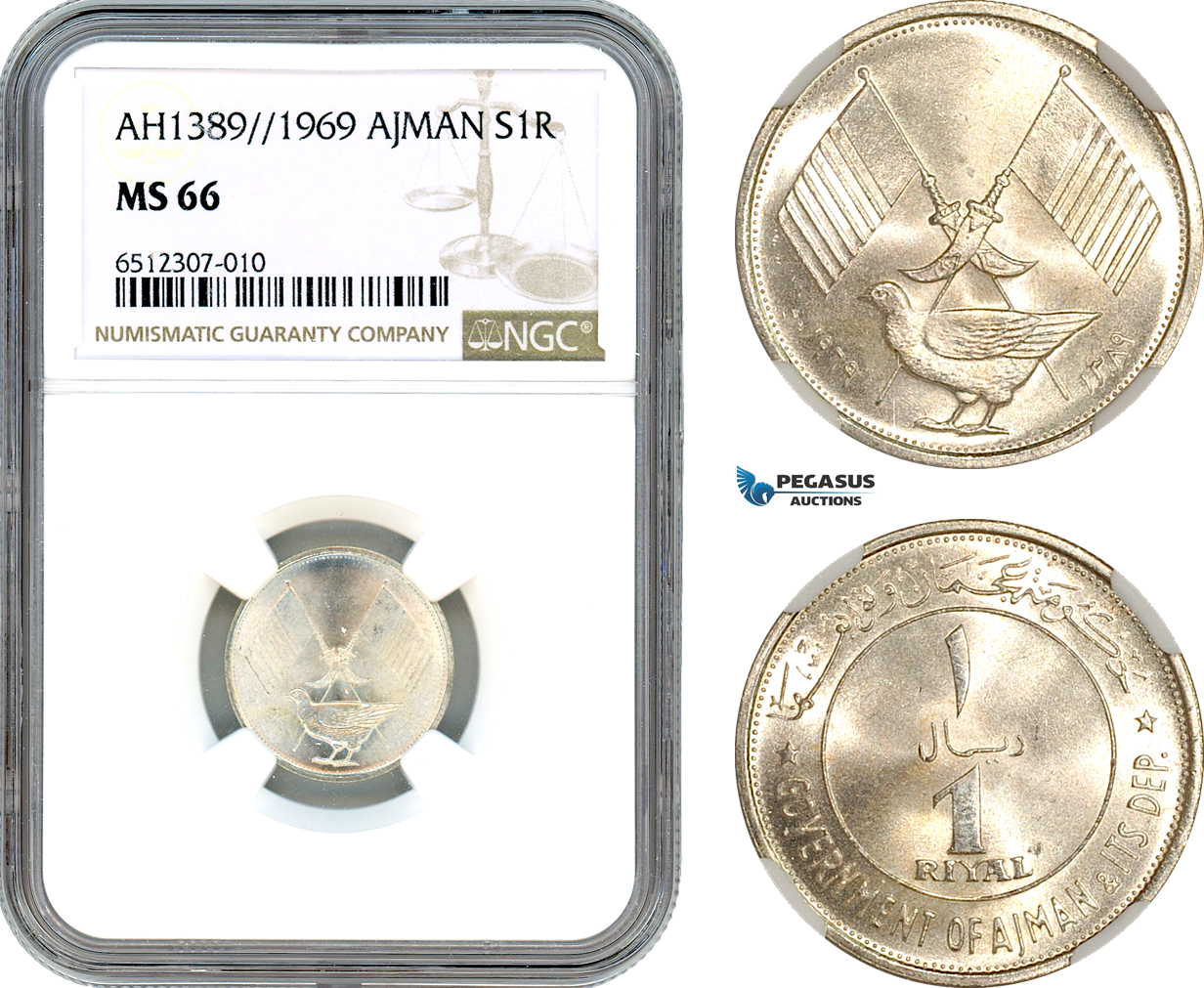 AI017, United Arab Emirates, Ajman, 1 Riyal AH1389 // 1969, Silver, NGC MS66