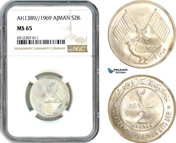 AI018, United Arab Emirates, Ajman, 2 Riyals AH1389 // 1969, Silver, NGC MS65