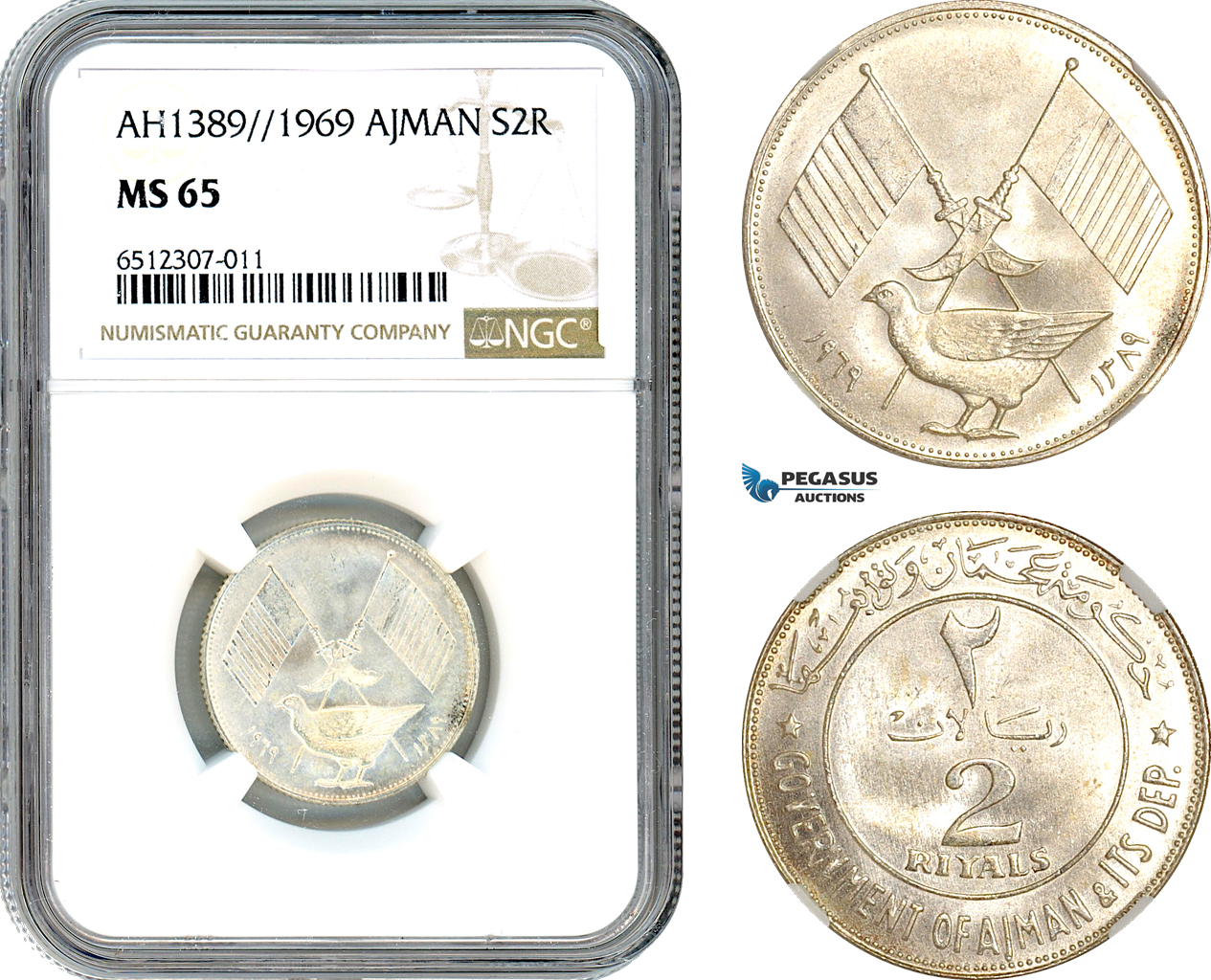 AI018, United Arab Emirates, Ajman, 2 Riyals AH1389 // 1969, Silver, NGC MS65