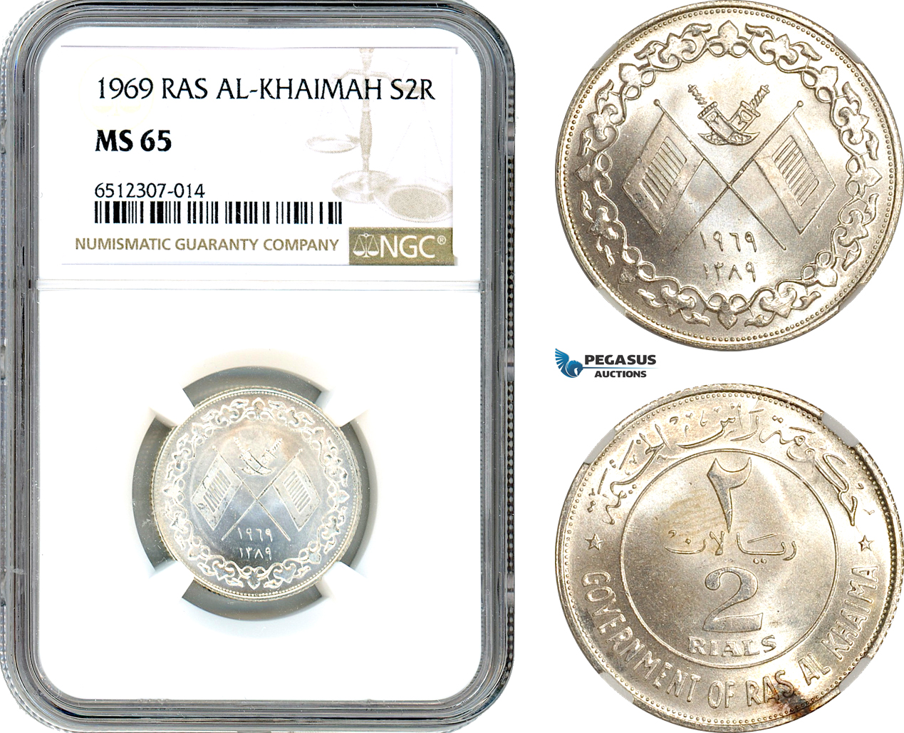 AI021, United Arab Emirates, Ras Al-Khaimah, 2 Riyals 1969, Silver, NGC MS65