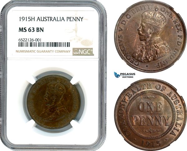 AI023, Australia, George V, 1 Penny 1915 H, Heaton Mint, NGC MS63BN, Top Pop!