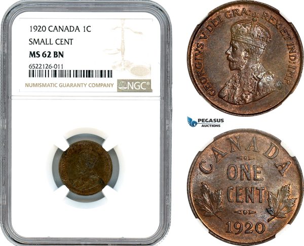 AI045, Canada, George V, 1 Cent 1920, Ottawa Mint, Small Cent, NGC MS62BN
