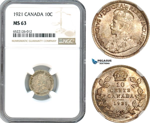 AI046, Canada, George V, 10 Cents 1921, Ottawa Mint, Silver, NGC MS63