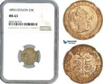 AI047, Ceylon, Victoria, 25 Cents 1893, Royal Mint London, Silver, NGC MS63