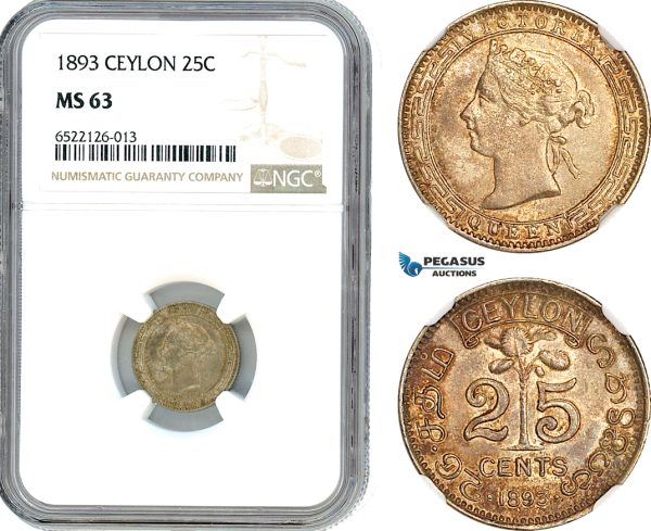 AI047, Ceylon, Victoria, 25 Cents 1893, Royal Mint London, Silver, NGC MS63