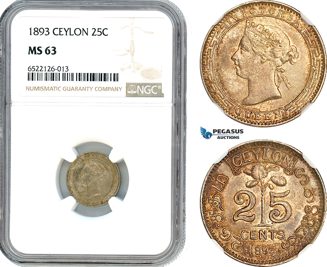 AI047, Ceylon, Victoria, 25 Cents 1893, Royal Mint London, Silver, NGC MS63