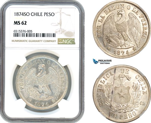 AI048, Chile, 1 Peso 1874 SO, Santiago Mint, Silver, NGC MS62