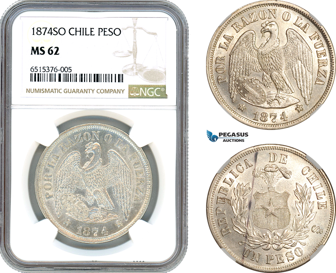 AI048, Chile, 1 Peso 1874 SO, Santiago Mint, Silver, NGC MS62