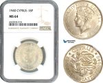 AI053, Cyprus, George VI, 18 Piastres 1940, Royal Mint London, Silver, NGC MS64