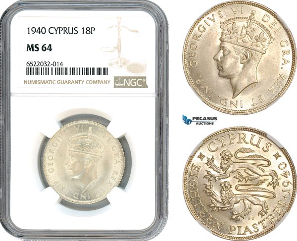 AI053, Cyprus, George VI, 18 Piastres 1940, Royal Mint London, Silver, NGC MS64