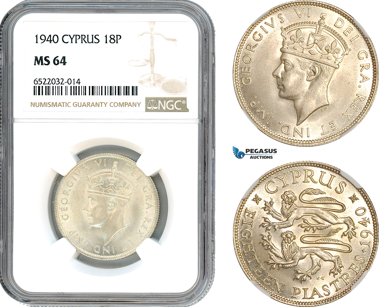 AI053, Cyprus, George VI, 18 Piastres 1940, Royal Mint London, Silver, NGC MS64
