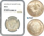 AI054, Ottoman Empire, Egypt, Abdul Hamid II, 10 Qirsh AH1293 // 27 W, Berlin Mint, Silver, NGC MS61