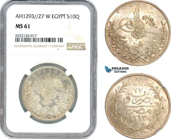 AI054, Ottoman Empire, Egypt, Abdul Hamid II, 10 Qirsh AH1293 // 27 W, Berlin Mint, Silver, NGC MS61
