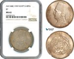 AI056, Egypt, Fuad, 10 Piastres AH1348 // 1929 BP, Budapest Mint, Silver, NGC MS62