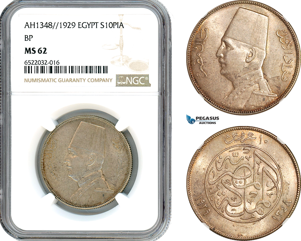 AI056, Egypt, Fuad, 10 Piastres AH1348 // 1929 BP, Budapest Mint, Silver, NGC MS62