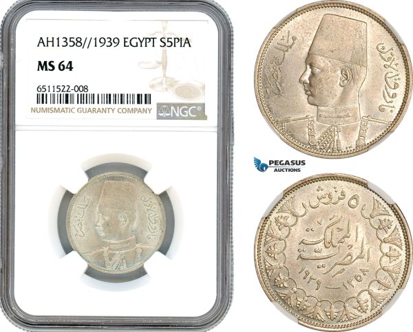 AI057, Egypt, Farouk, 5 Piastres AH1358 // 1939, Silver, NGC MS64