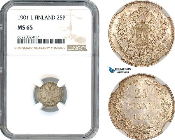 AI059, Finland, Nicholas II. of Russia, 25 Penniä 1901 L, Helsinki Mint, Silver, NGC MS65