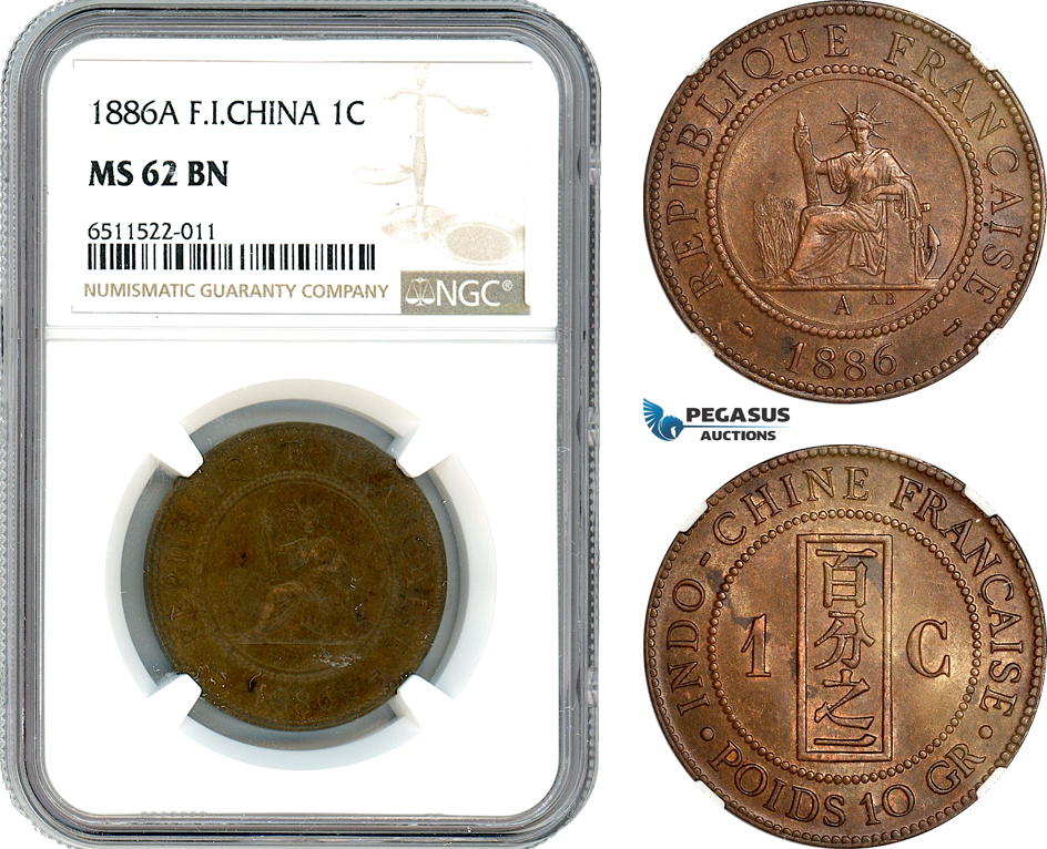 AI061, French Indo-China, 1 Centime 1886 A, Paris Mint, NGC MS62BN