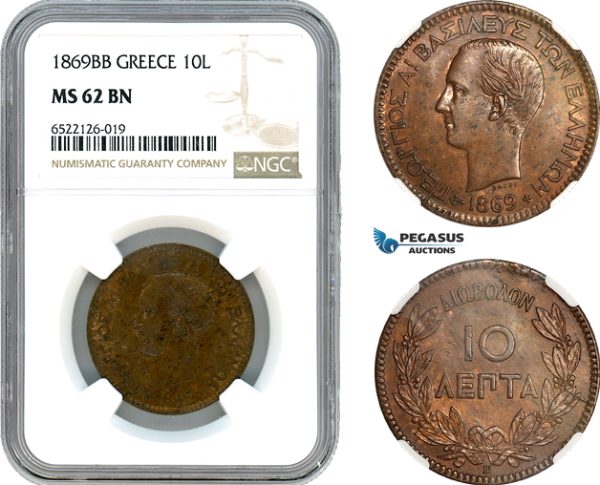 AI072, Greece, George I, 10 Lepta 1869 BB, Strasbourg Mint, Large BB Variety, NGC MS62BN