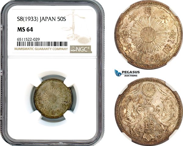 AI082, Japan, Showa, 50 Sen S8 (1933) Silver, NGC MS64