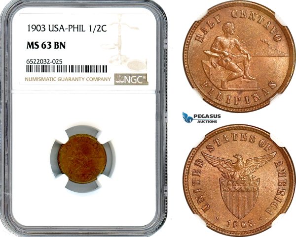 AI087, Philippines (US Administration) 1/2 Centavo 1903, Philadelphia Mint, NGC MS63BN
