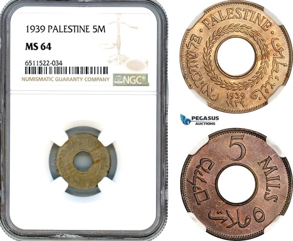 AI089, Palestine, 5 Mils 1939, London Mint, NGC MS64
